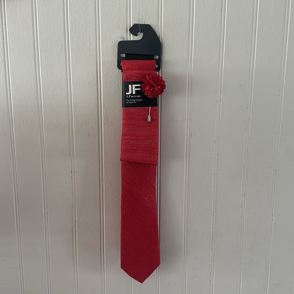 JF J. Ferrar Metallic Raspberry Tie, Pocket Square and Lapel Pin - Picture 3 of 7